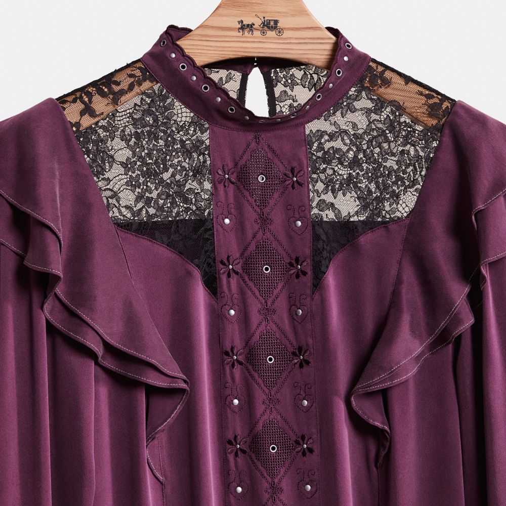 Coach Restored Long Sleeve Dress With Ruffle Trim In Purple
