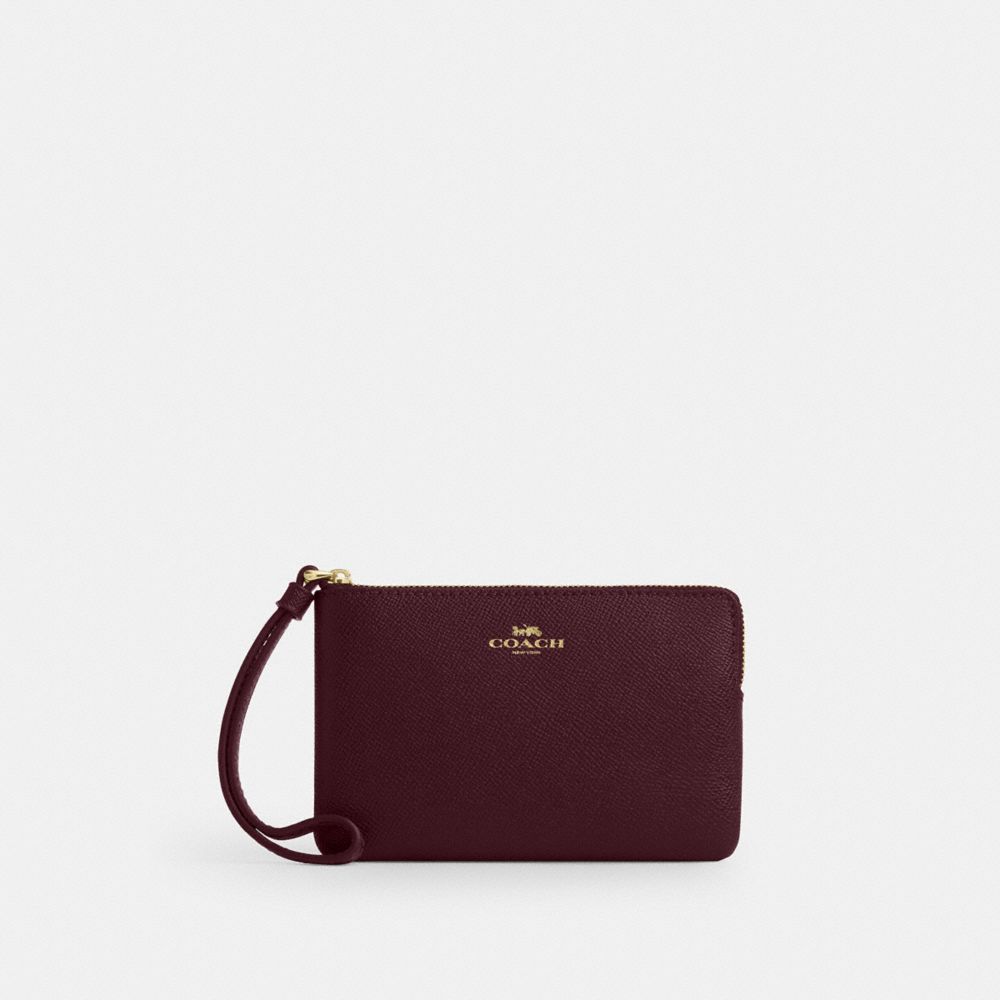 COACH®,Corner Zip Wristlet,Leather,Pouch,Wristlet,Word Embellishment,Logo,Maroon,Front View
