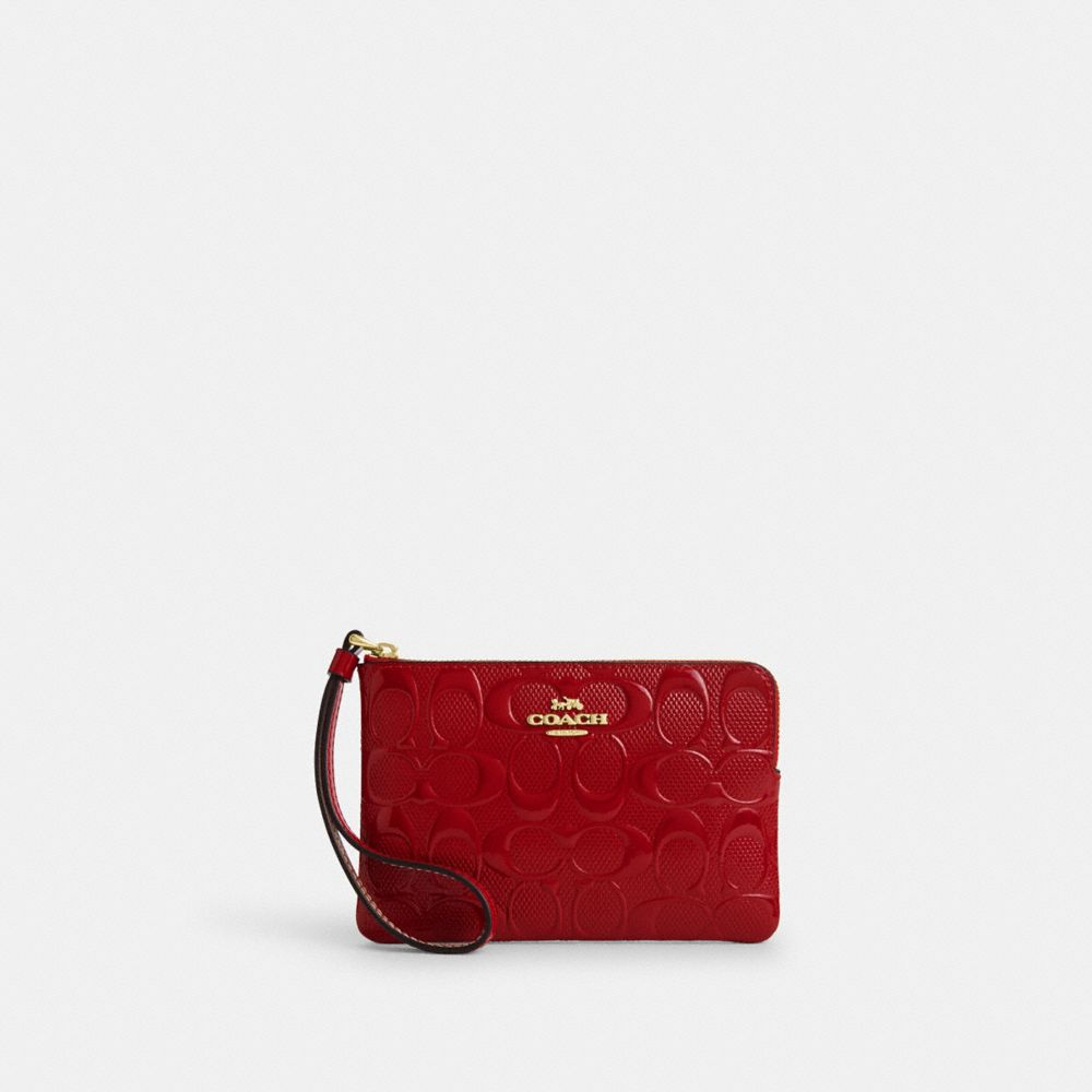 COACH®,Corner Zip In Signature Leather,Wristlet,Pouch,Casual,Maroon,Front View