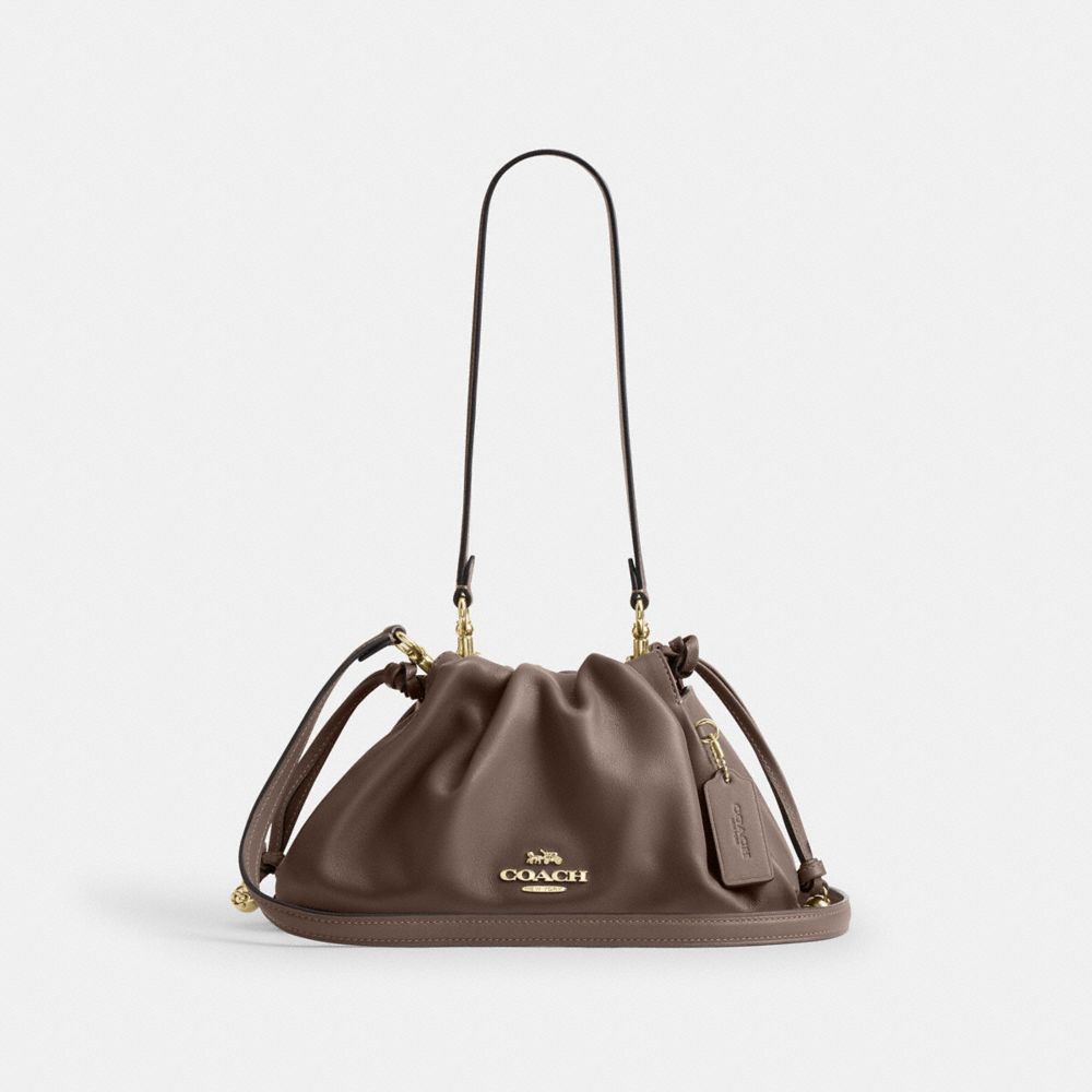 COACH®,Faye Shoulder Bag,Shoulder Bag,Logo,Drawstring,Ball Embellishment,Metal,Casual,Brown,Front View