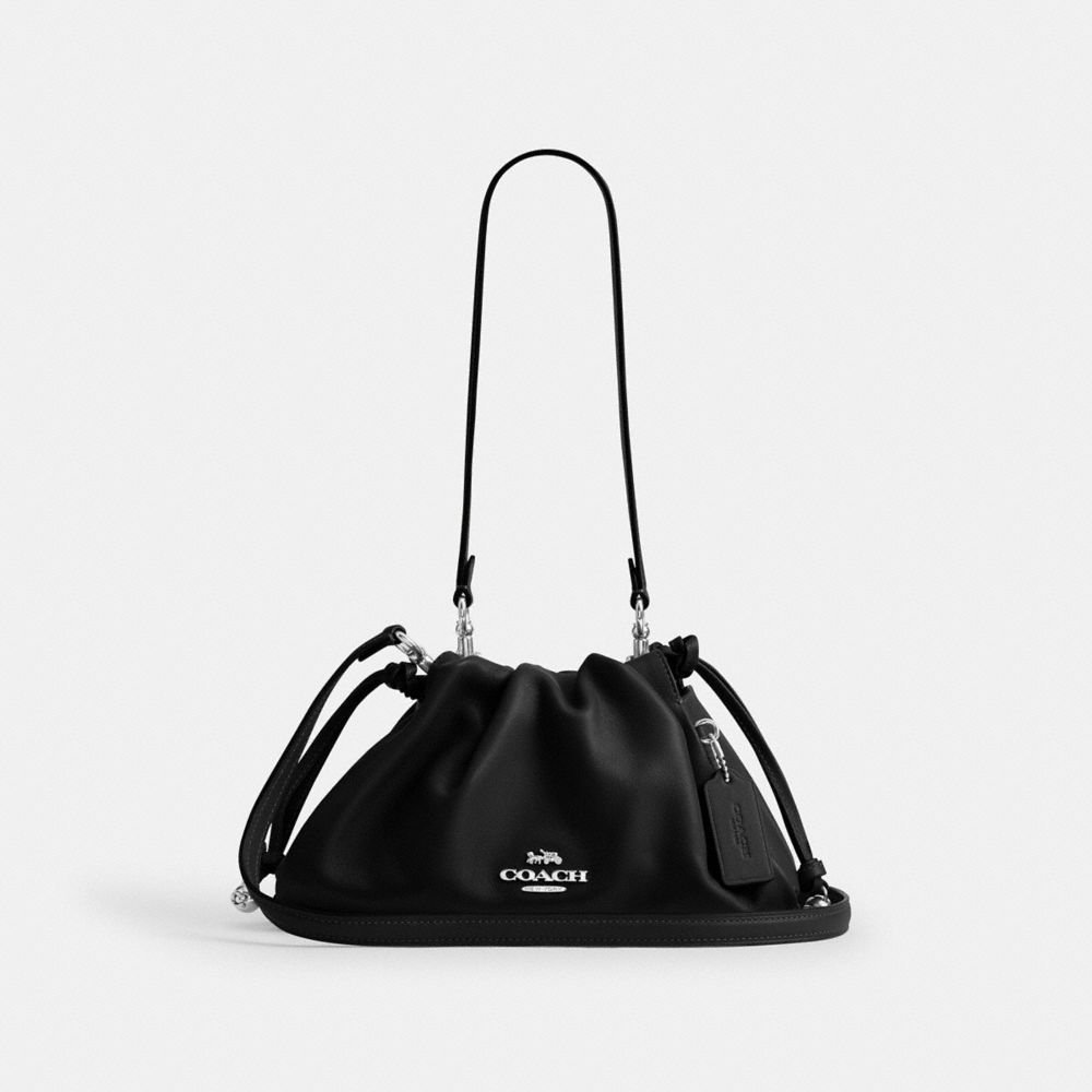 COACH®,Faye Shoulder Bag,Shoulder Bag,Logo,Drawstring,Ball Embellishment,Metal,Casual,Black,Front View