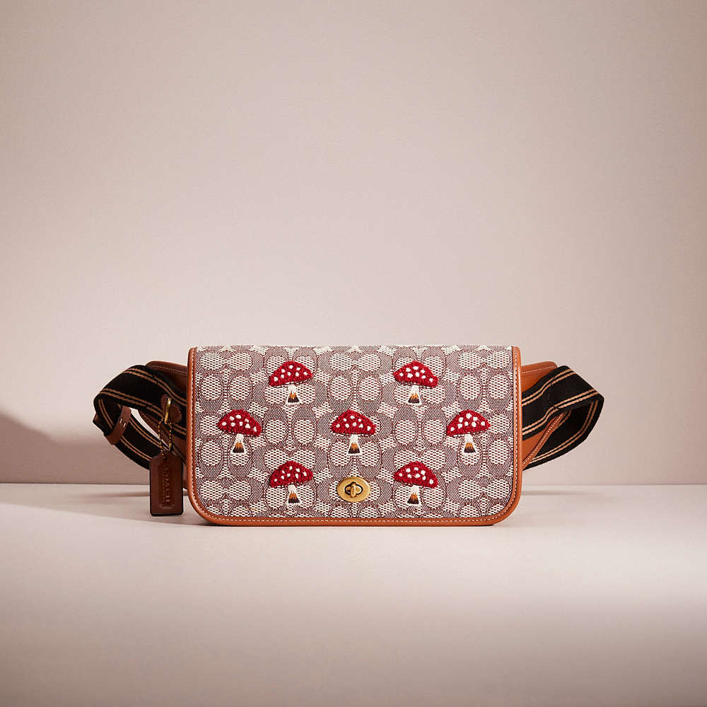 Coach Restored Dinky Belt Bag In Signature Textile Jacquard With Mushroom Motif Embroidery In Brown