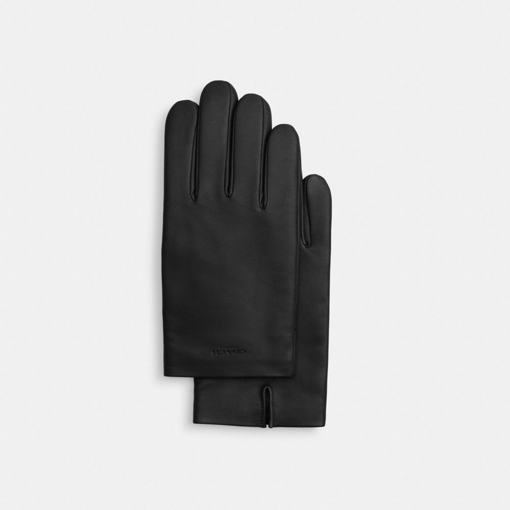 COACH®,Leather Tech Gloves,Leather,Classic Gloves,Embossed,Logo,Tech Touch,Casual,Black,Front View