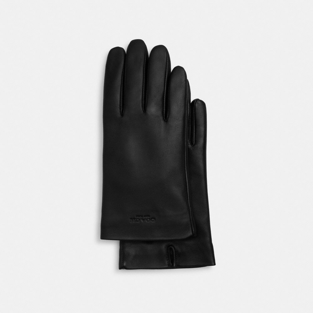 COACH®,Leather Tech Gloves,Leather,Classic Gloves,Logo,Embossed,Tech Touch,Casual,Black,Front View