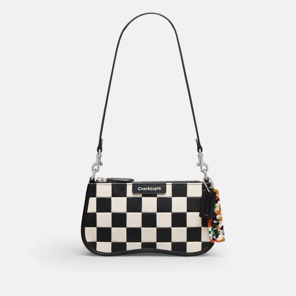 COACH®,Alter/Ego Small Wavy Shoulder Bag In Checkerboard Upcrafted Leather,Leather,Shoulder Bag,Baguette,Plastic,Embossed,...,Black,Front View