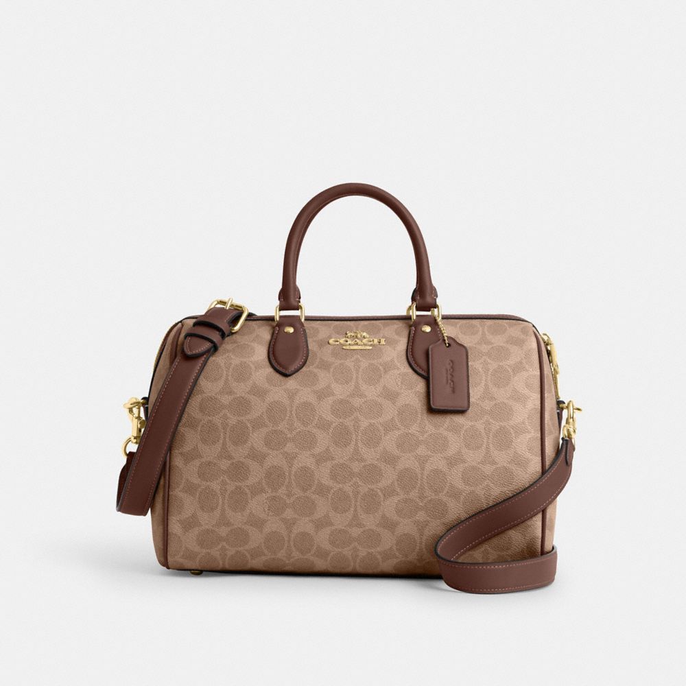 COACH®,Rowan Large Satchel Bag In Signature Canvas,Satchel,Casual,Work,Brown,Front View