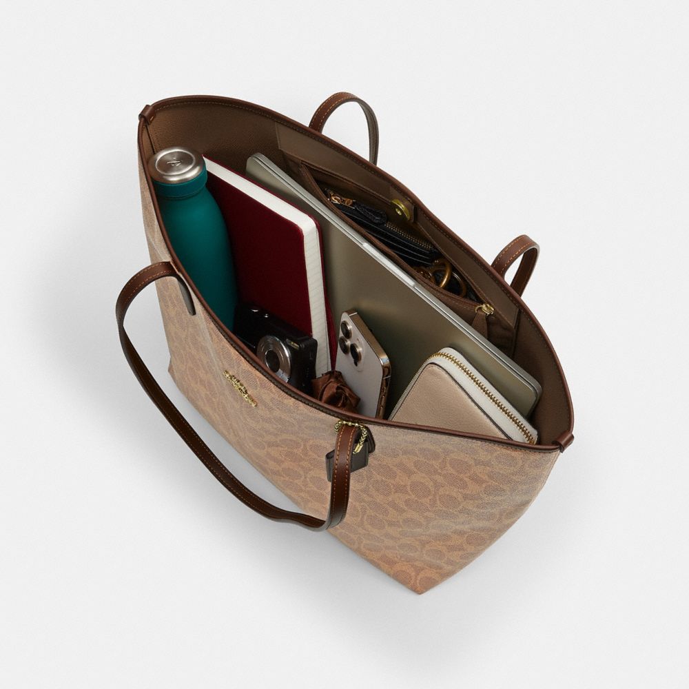 COACH®,City Tote Bag In Signature Canvas,Tote,Color Block,Metal,Embossed,Tag Embellishment,Piping,Logo,Casual,Multi Color,Inside View,Top View
