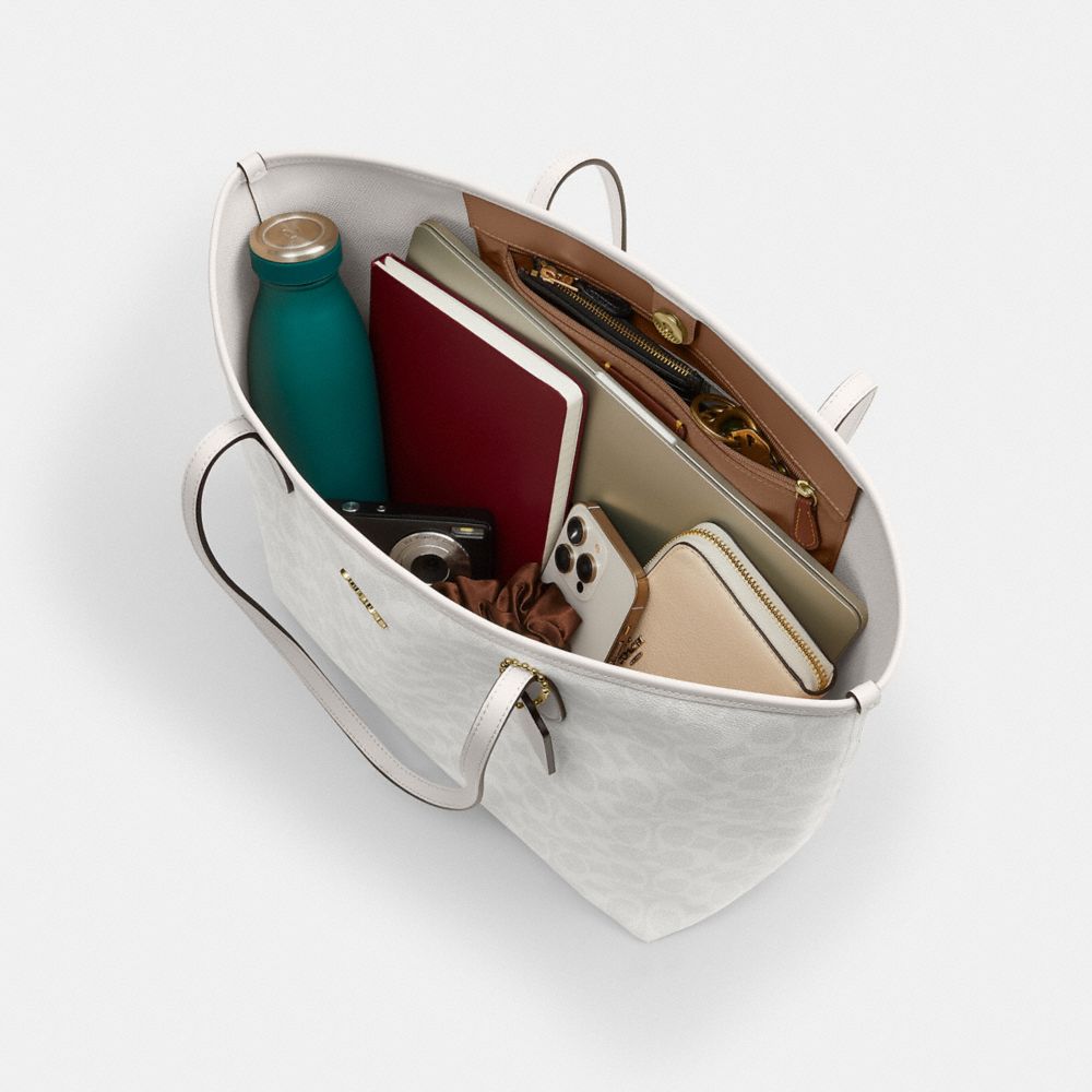 COACH®,City Tote Bag In Signature Canvas,Tote,Color Block,Metal,Embossed,Tag Embellishment,Piping,Logo,Casual,Gray,Inside View,Top View