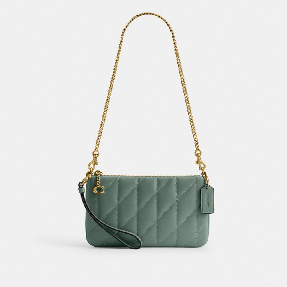 COACH®,Pouch Bag With Pillow Quilting,Leather,Pouch,Wristlet,Logo,Metal,Day Party,Green,Front View