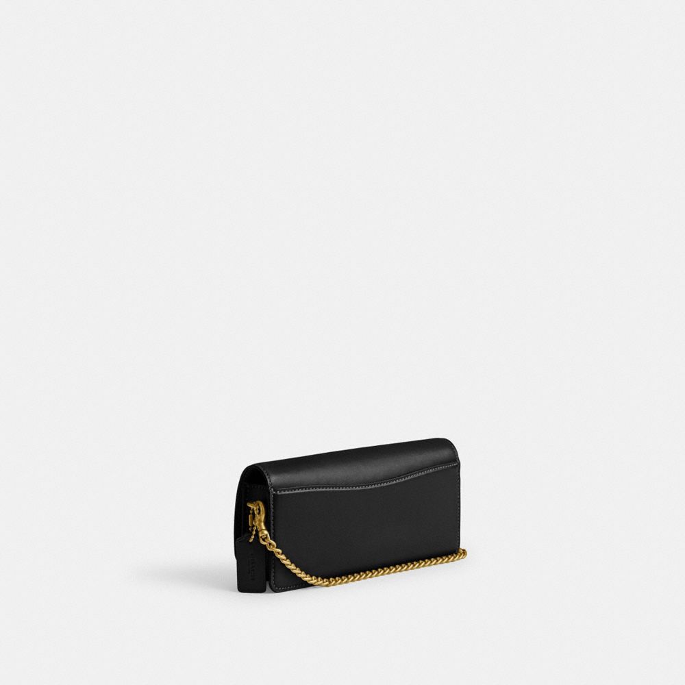 COACH®,Evie Long Wallet With Chain,Calfskin Leather,Crossbody,Metal,Logo,Pen Holder,Day Party,Black,Angle View