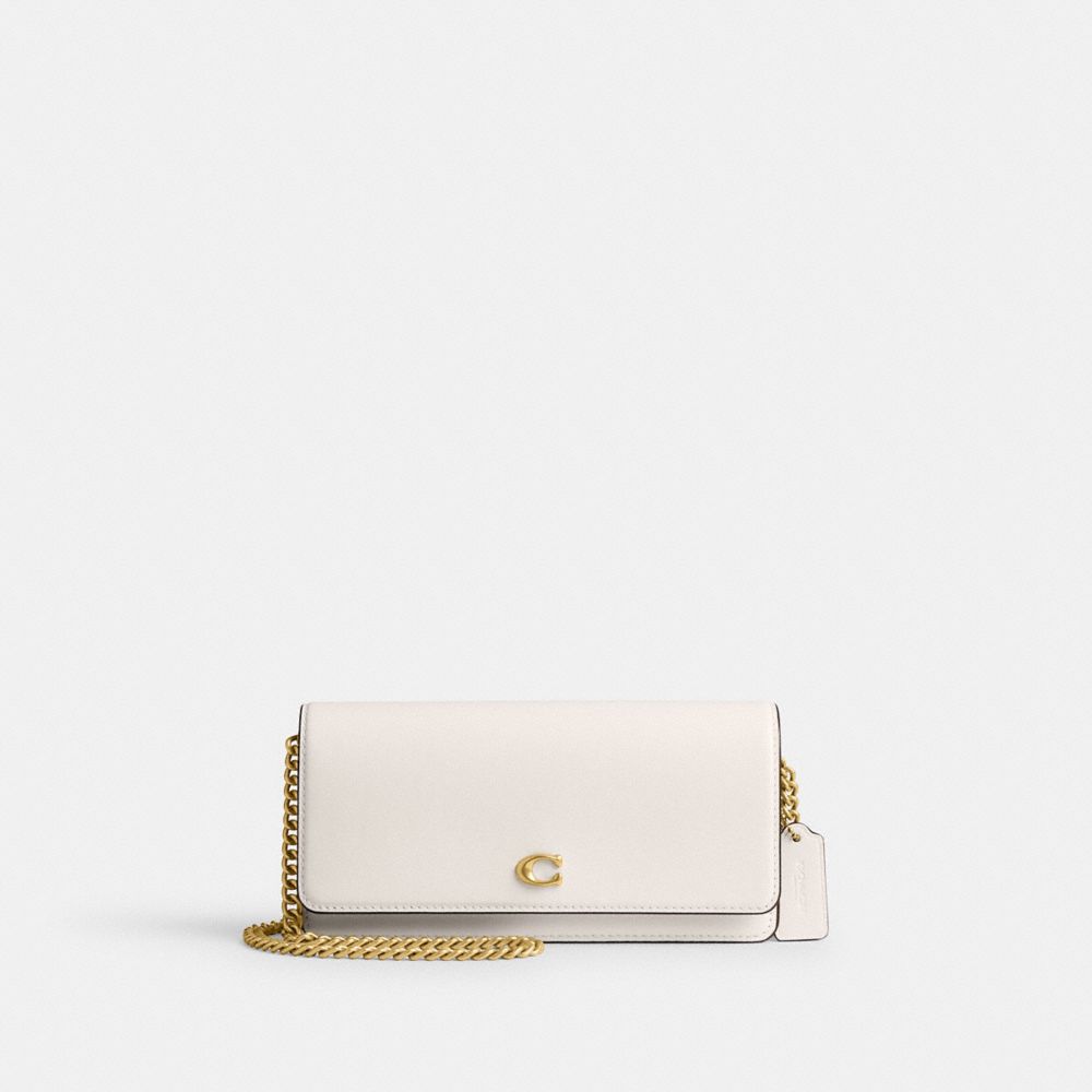 COACH®,Evie Long Wallet With Chain,Calfskin Leather,Crossbody,Metal,Logo,Pen Holder,Day Party,White,Front View