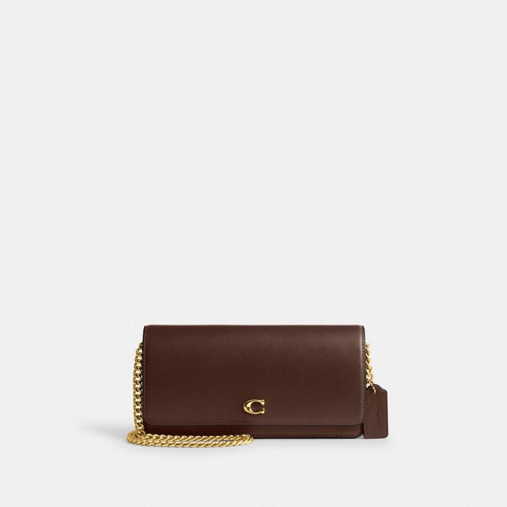 COACH®,Evie Long Wallet With Chain,Calfskin Leather,Crossbody,Metal,Logo,Pen Holder,Day Party,Brown,Front View