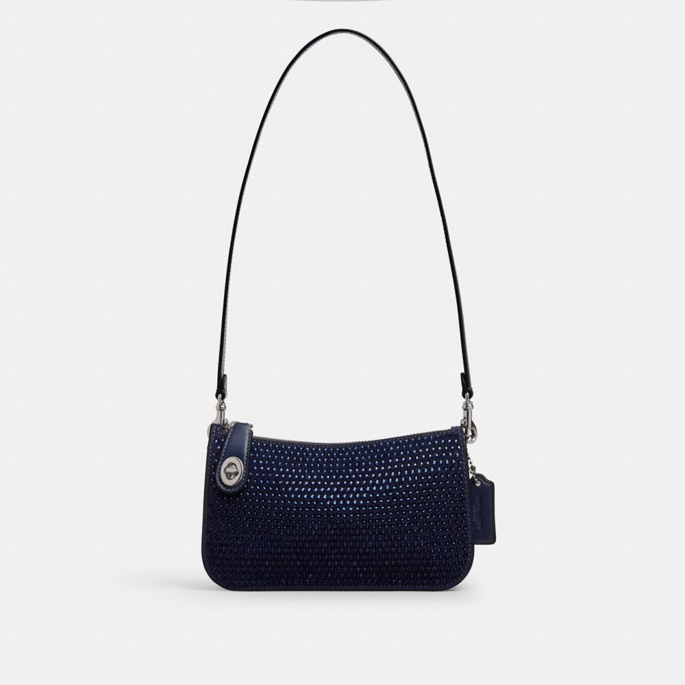 COACH®,Penn Shoulder Bag With Crystal,Calfskin Leather,Shoulder Bag,Applique,Rhinestones,Silver Metal,Formal,Day Party,Navy,Front View