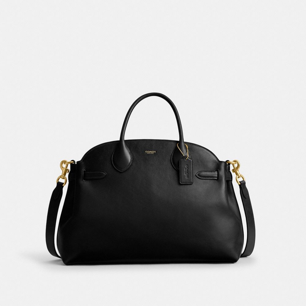 COACH®,Soft Empire Carryall Bag 40,Leather,Satchel,Logo,Gusset,Gold Metal,Work,Black,Front View