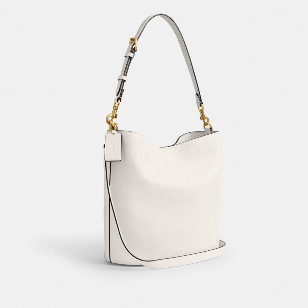 COACH®,Willow Soft Bucket Bag,Leather,Hobo,Bucket,Metal,Logo,Gold Metal,Casual,White,Angle View