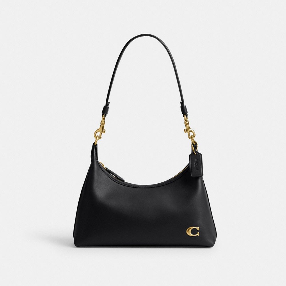 COACH®,Juliet Shoulder Bag 25,Leather,Hobo,Chain Detail,Metal,Logo,Lined,Compact,Gold Metal,Day Party,Casual,Black,Front View