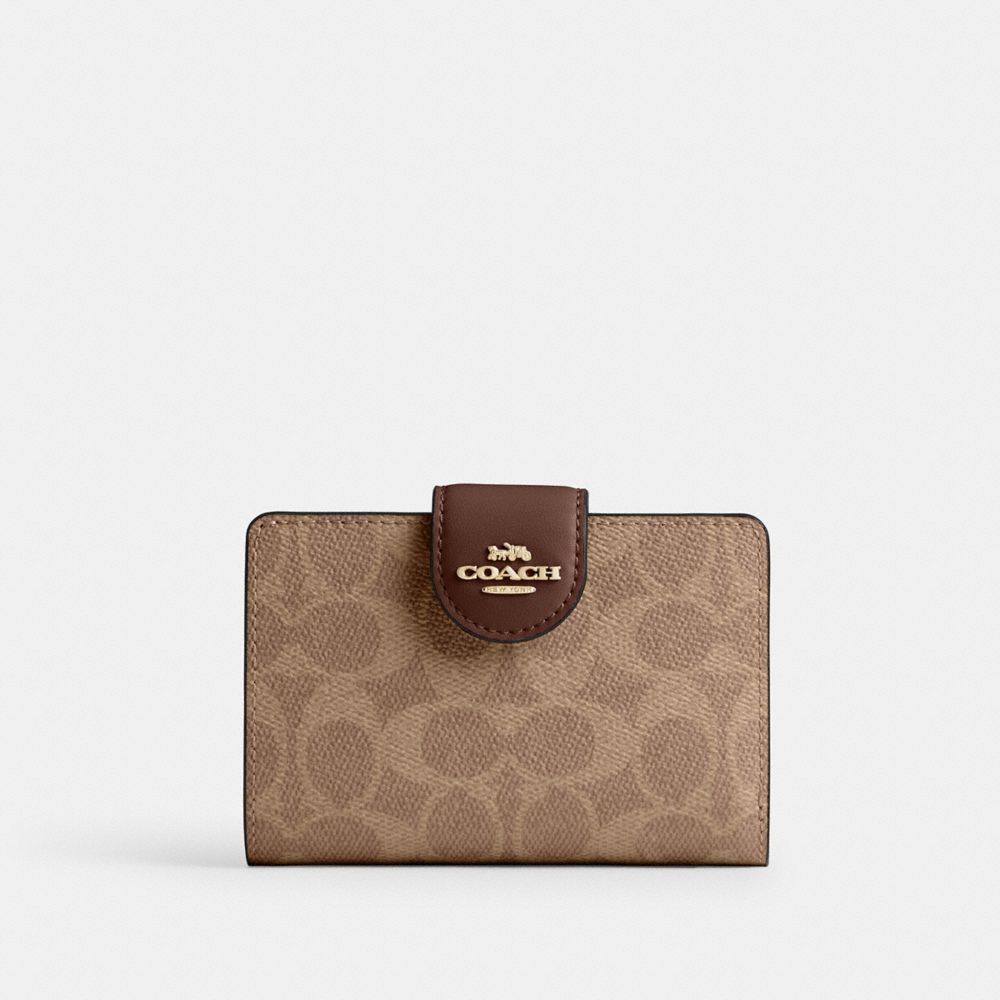 COACH®,Medium Corner Zip Wallet In Signature Canvas,Bi Fold,Coin,Sustainable,Casual,Brown,Front View