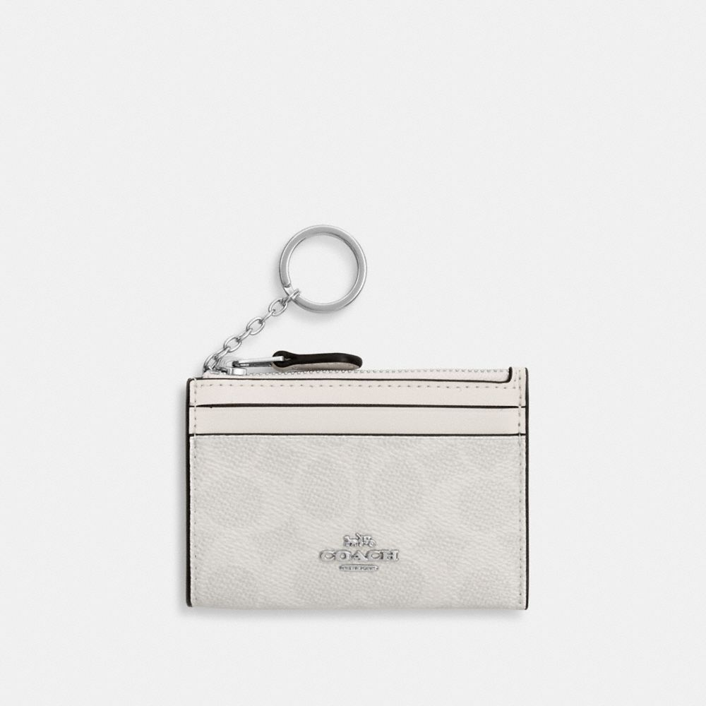 COACH®,Mini Skinny Id Case In Signature Canvas,Card Case,Logo,Metal,Color Block,Sustainable,Key Ring,Casual,Gray,Front View