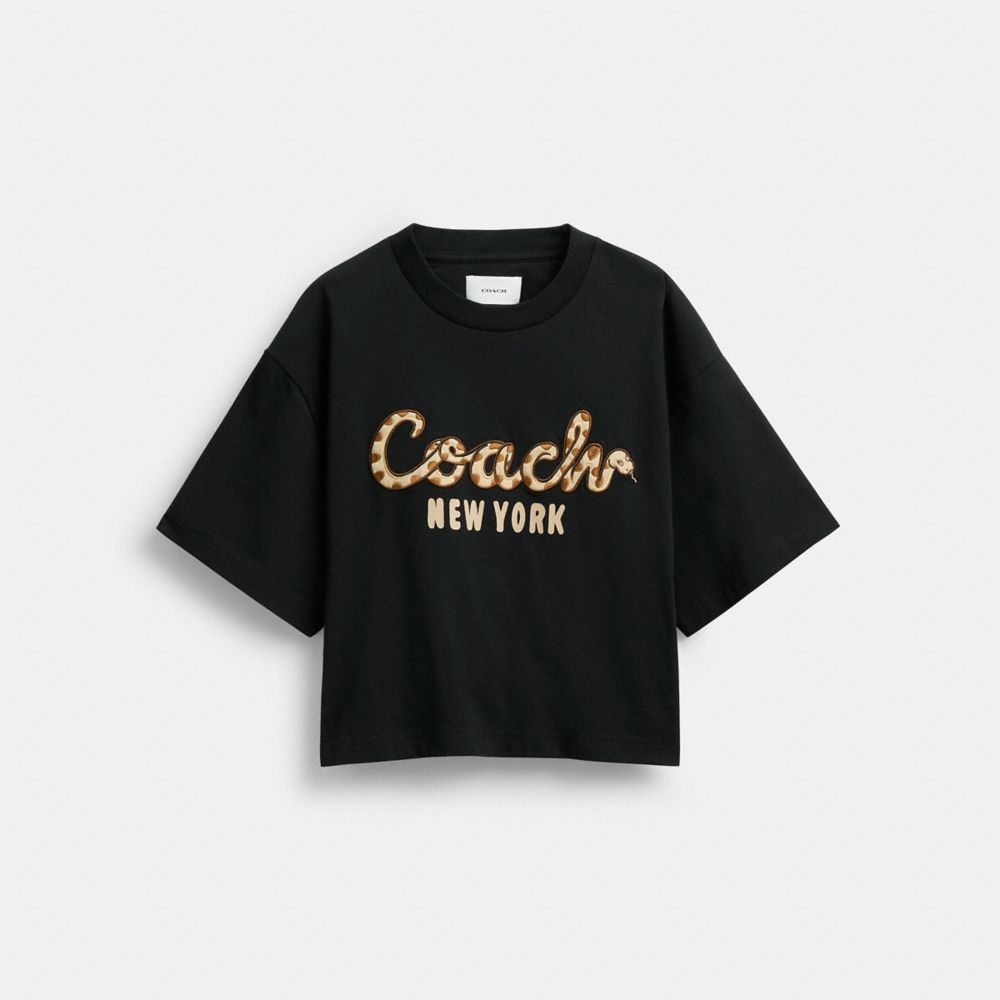 COACH®,New Year Coach Snake Script Cropped T-Shirt In Organic Cotton,Organic Cotton,Cotton,T Shirt,Logo,Word Embellishment...,Black,Front View