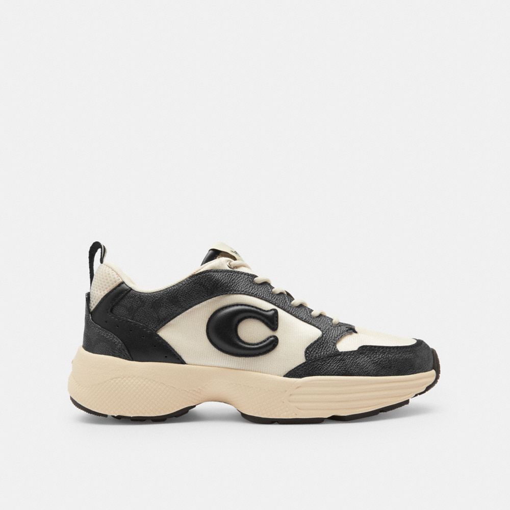 COACH®,Strider Sneaker In Signature Canvas,Mesh,Rubber,Canvas,Casual,Activewear,Fabric,Color Block,Mixed Media,Stripe,Perf...,Multi Color,Angle View