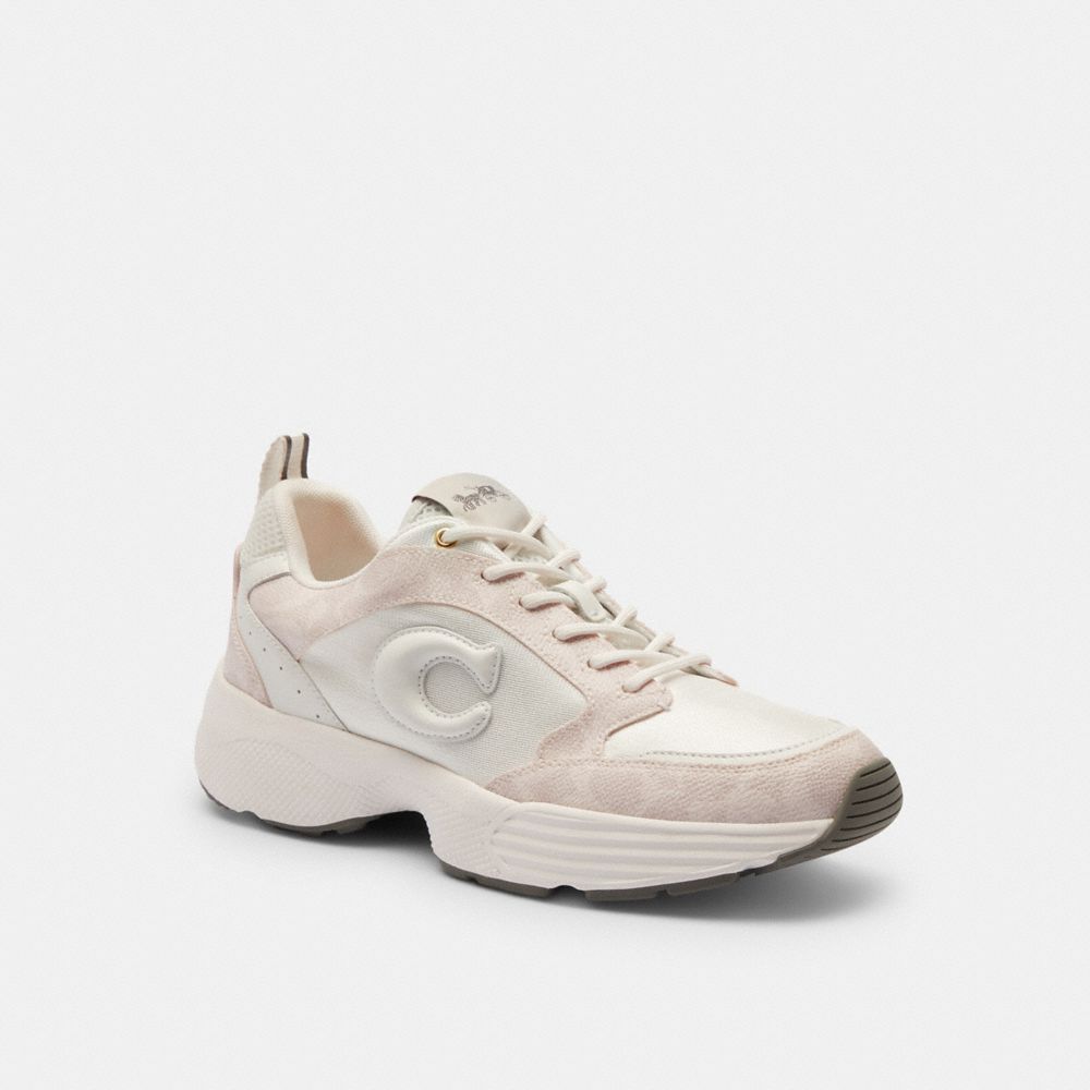 COACH®,Strider Sneaker In Signature Canvas,Mesh,Rubber,Canvas,Casual,Activewear,Fabric,Color Block,Mixed Media,Stripe,Perf...,Cream,Front View