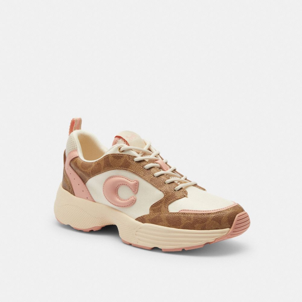 COACH®,Strider Sneaker In Signature Canvas,Mesh,Rubber,Canvas,Casual,Activewear,Fabric,Color Block,Mixed Media,Stripe,Perf...,Multi Color,Front View