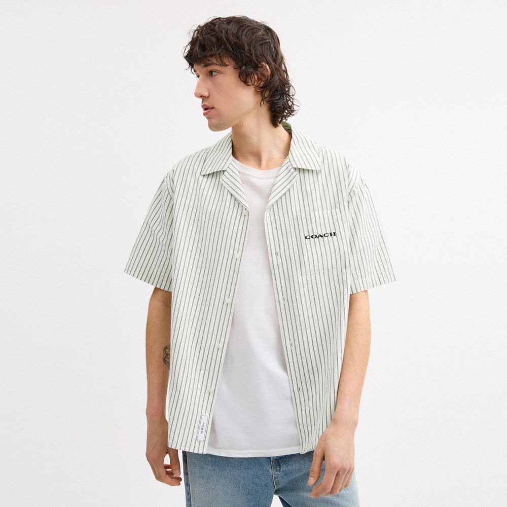 COACH®,Striped Camp Shirt,Cotton,Button Down,Embroidered,Logo,Casual,Multi Color,Scale View