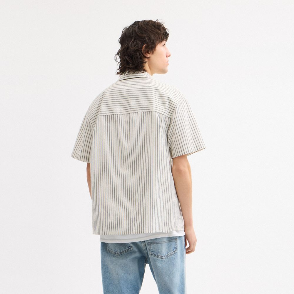 COACH®,Striped Camp Shirt,Cotton,Button Down,Embroidered,Logo,Casual,Multi Color,Scale View