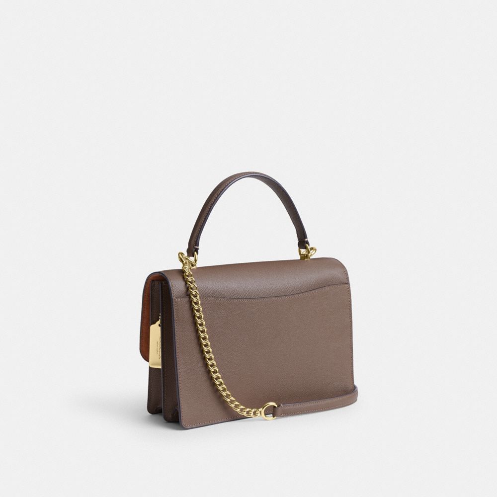 COACH®,Klare Top Handle Bag,Calfskin Leather,Crossbody,Metal,Logo,Chain Detail,Day Party,Brown,Angle View