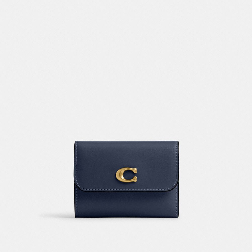 COACH®,Essential Card Holder Wallet,Leather,Calfskin Leather,Card Case,Bi Fold,Metal,Logo,Casual,Navy,Front View