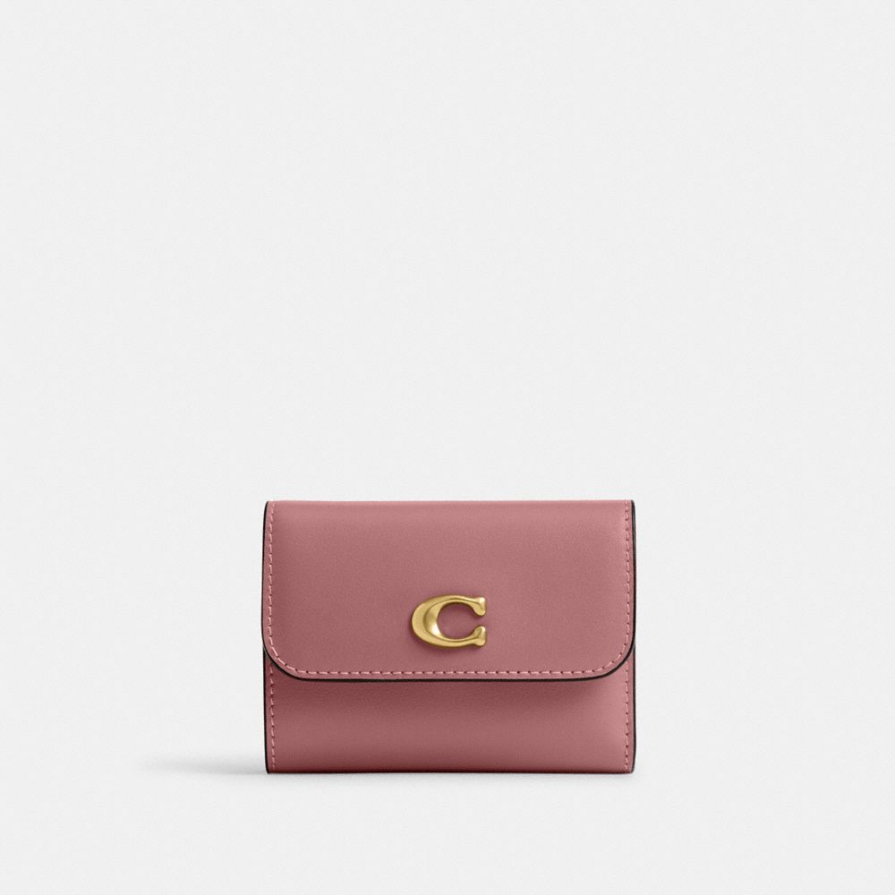 COACH®,Essential Card Holder Wallet,Leather,Calfskin Leather,Card Case,Bi Fold,Metal,Logo,Casual,Blush,Front View