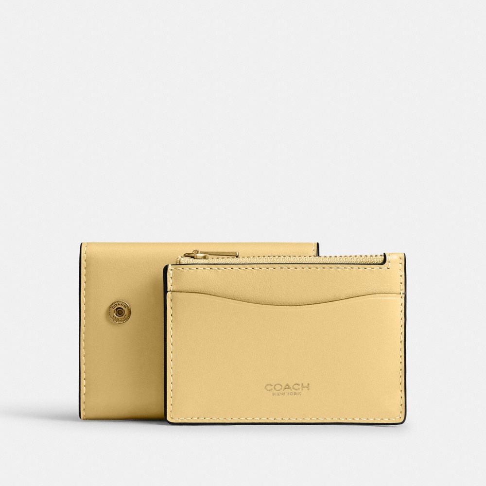 COACH®,Essential Card Holder Wallet,Leather,Calfskin Leather,Card Case,Bi Fold,Metal,Logo,Casual,Yellow,Angle View
