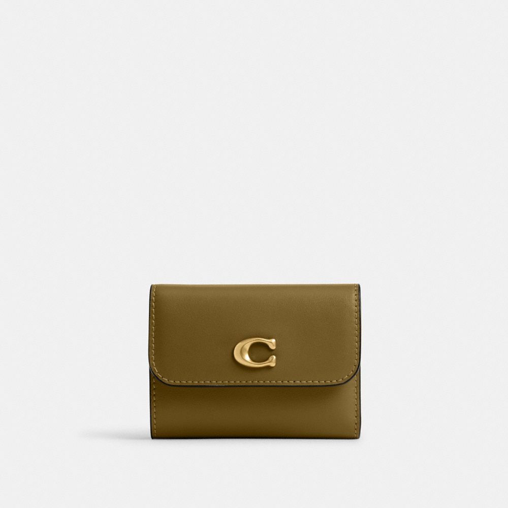 COACH®,Essential Card Holder Wallet,Leather,Calfskin Leather,Card Case,Bi Fold,Metal,Logo,Casual,Brown,Front View