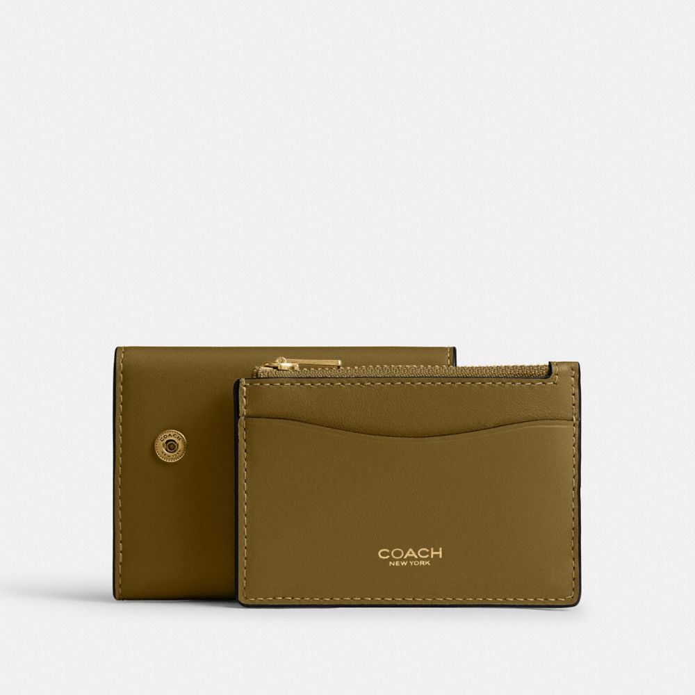 COACH®,Essential Card Holder Wallet,Leather,Calfskin Leather,Card Case,Bi Fold,Metal,Logo,Casual,Brown,Angle View
