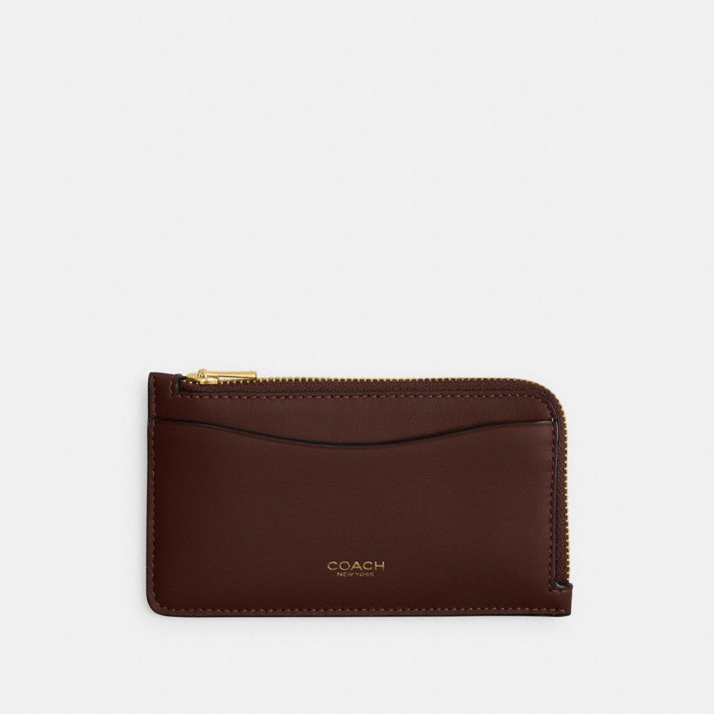 COACH®,New York Zip Card Case,Calfskin Leather,Card Case,Word Embellishment,Logo,Casual,Brown,Front View