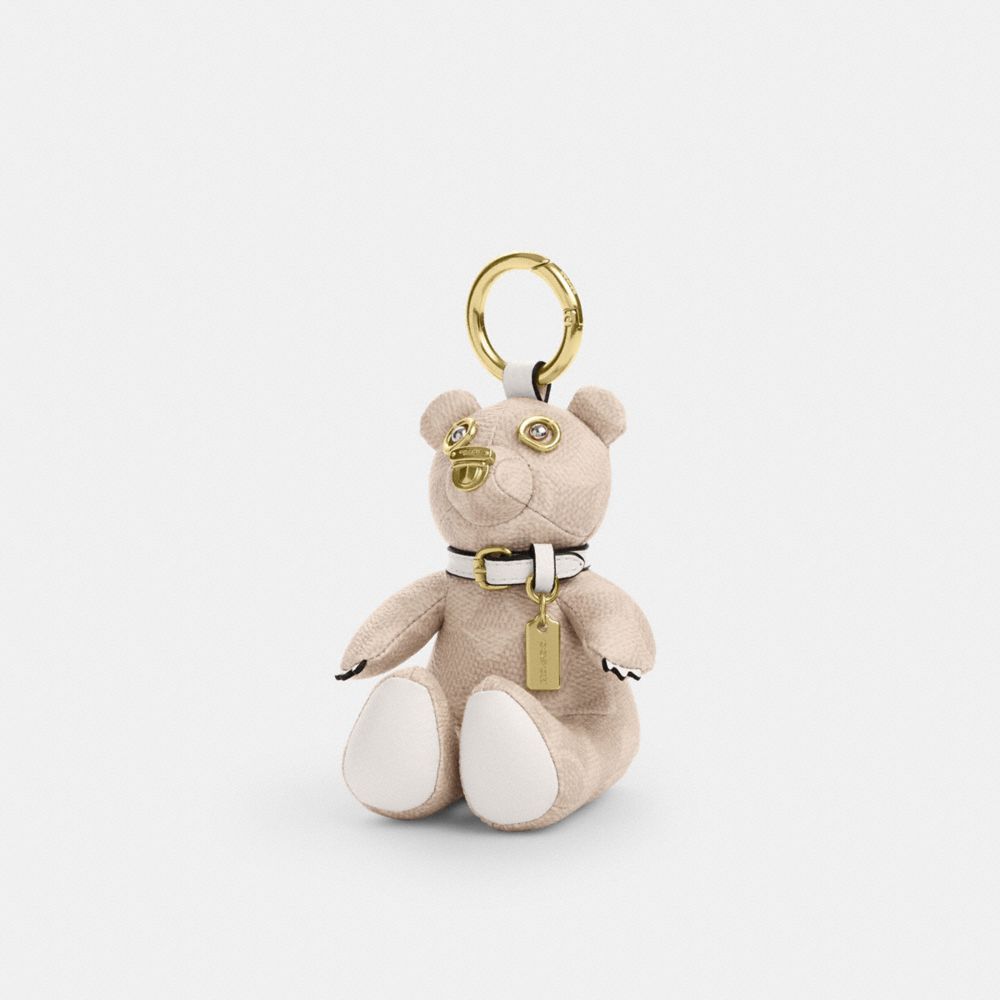 COACH®,Collectible Bear Bag Charm In Signature Canvas,Canvas,Leather,Bag Charm,Logo,3D Embellishment,Metal,Key Ring,Casual,Beige,Front View