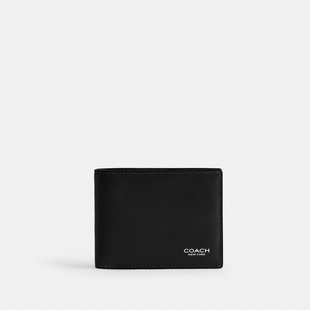 COACH®,Slim Billfold Wallet,Leather,Bi Fold,Logo,Casual,Black,Front View