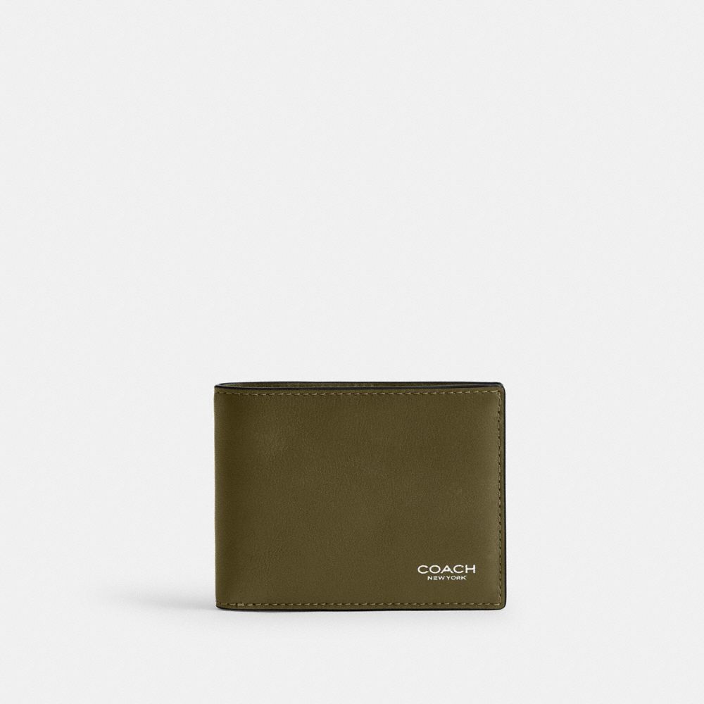 COACH®,Slim Billfold Wallet,Leather,Bi Fold,Logo,Casual,Olive,Front View