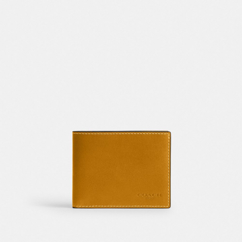 COACH®,Slim Billfold Wallet,Leather,Bi Fold,Logo,Casual,Mustard,Front View