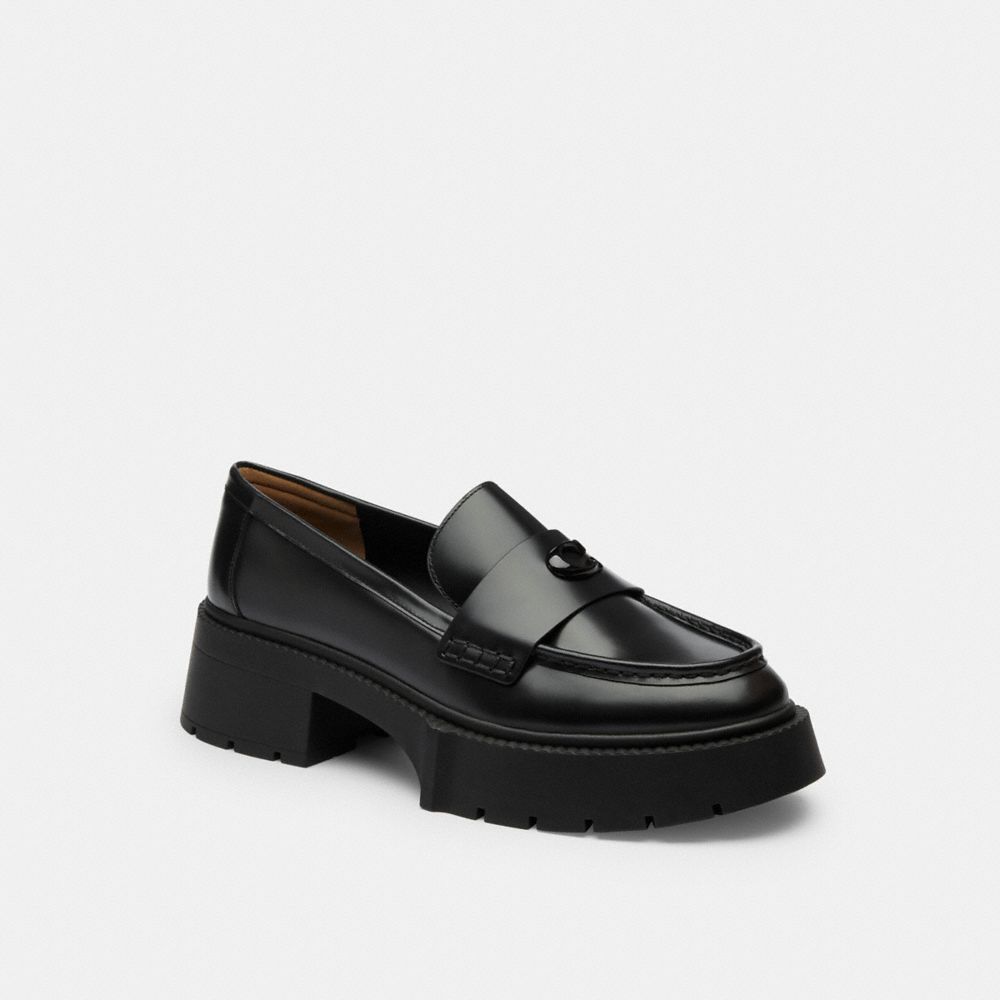 COACH®,Leah Platform Loafer,Leather,Rubber,Lining Leather,Loafer,Foam,Logo,Penny Loafer,Color Block,Memory Foam Insole,Cus...,Black,Front View