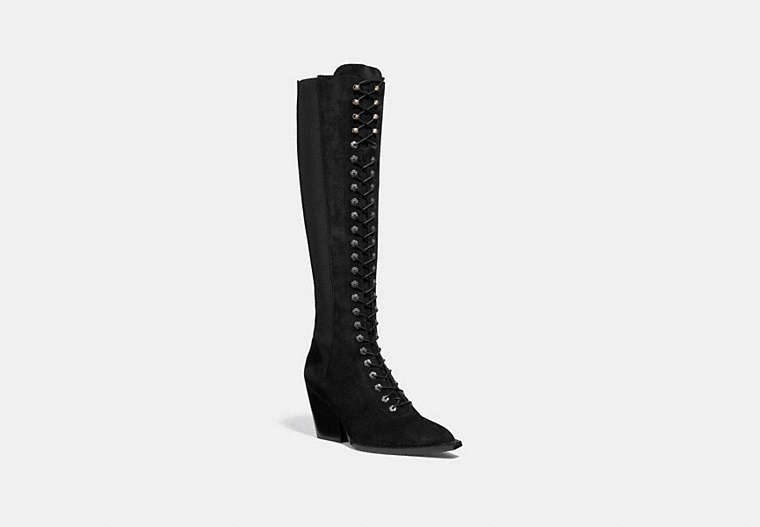 COACH®,LACE UP BOOT,Suede,Black,Front View