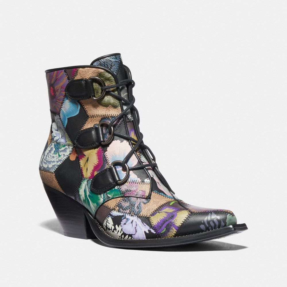 lace up chain bootie with kaffe fassett print