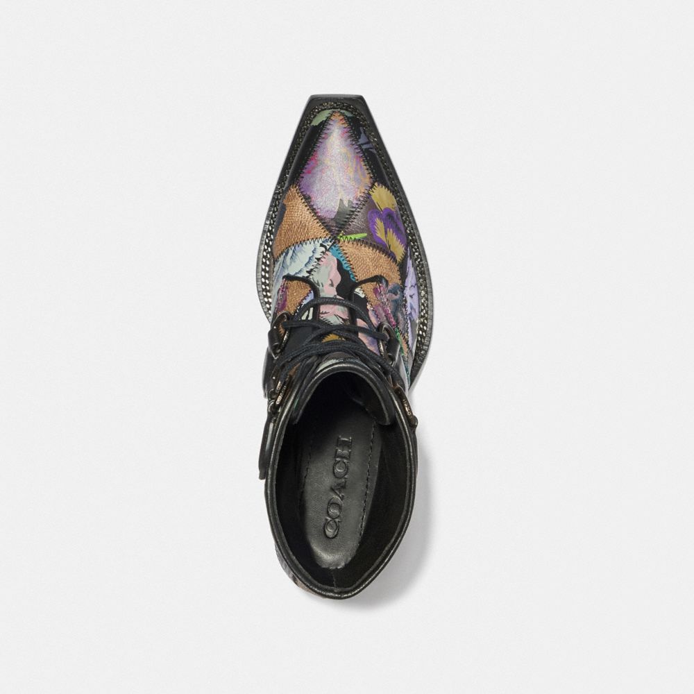 lace up chain bootie with kaffe fassett print