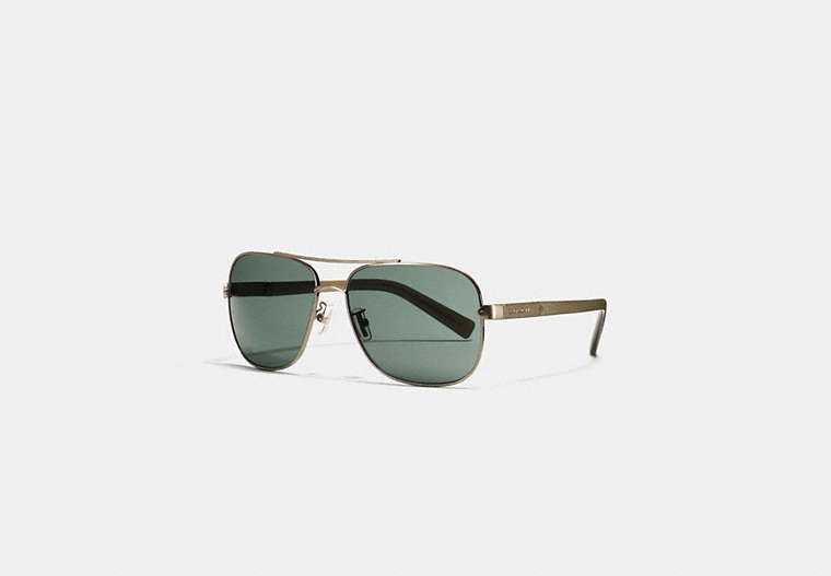 COACH®,TAG TEMPLE NAVIGATOR SUNGLASSES,Metal,Brass/Matte Olive,Front View